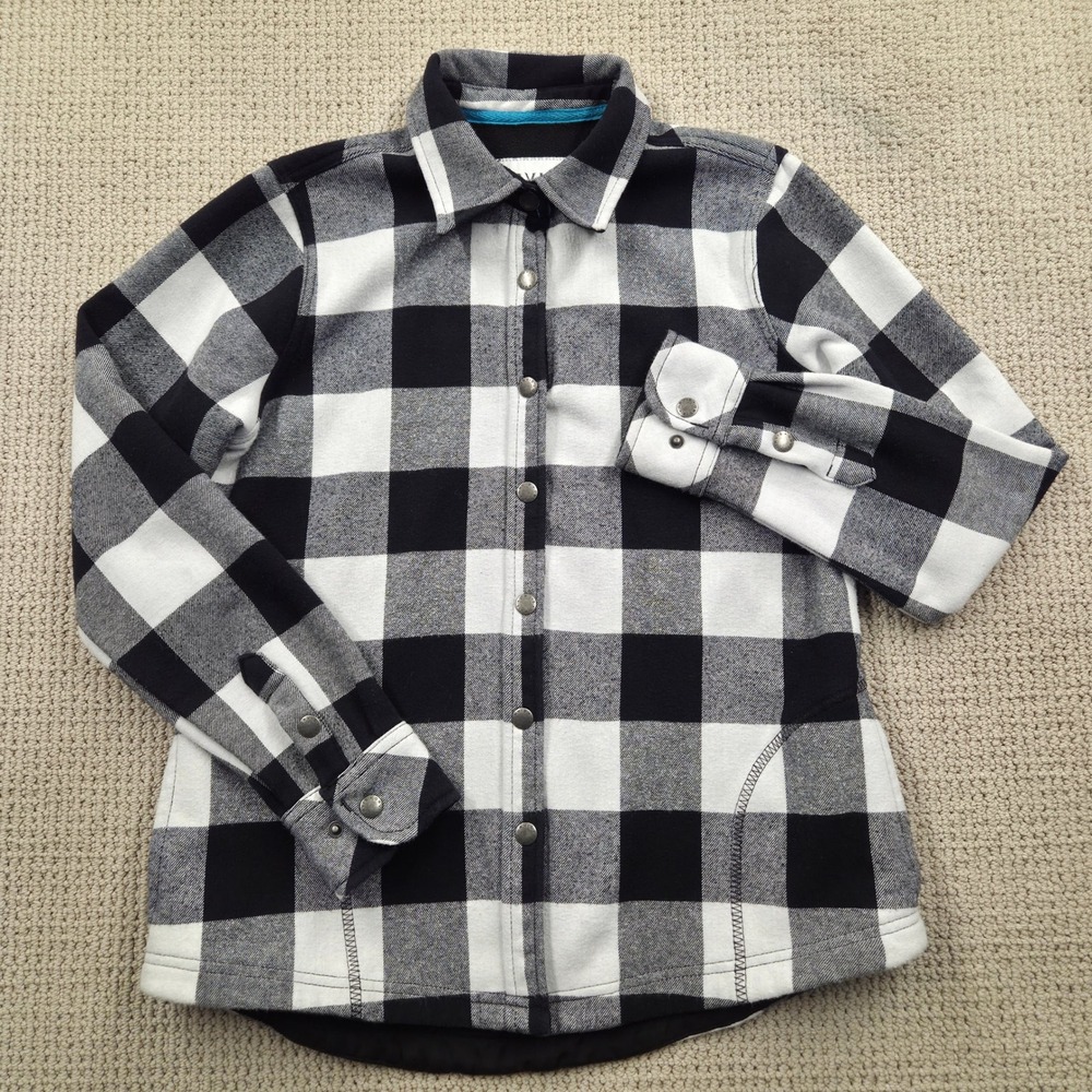 ORVIS Womens Small Fleece Lined Flannel Shirt Jacket Black White Buffalo Plaid‎